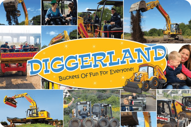 Children driving diggers at Diggerland Kent, Strood