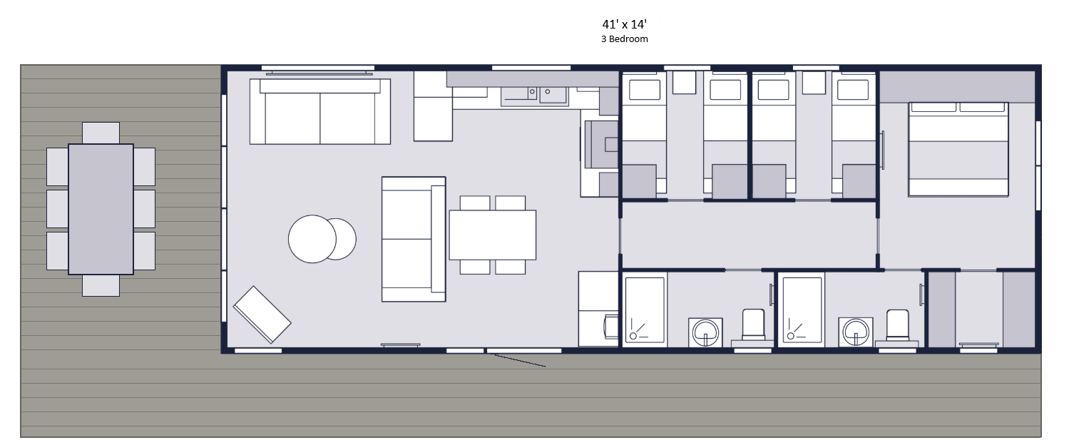Floorplan of the 2026 Victory Davenport — open-plan kitchen and living to the west, three bedrooms and two shower-WCs to the east, wraparound deck along the front and side.